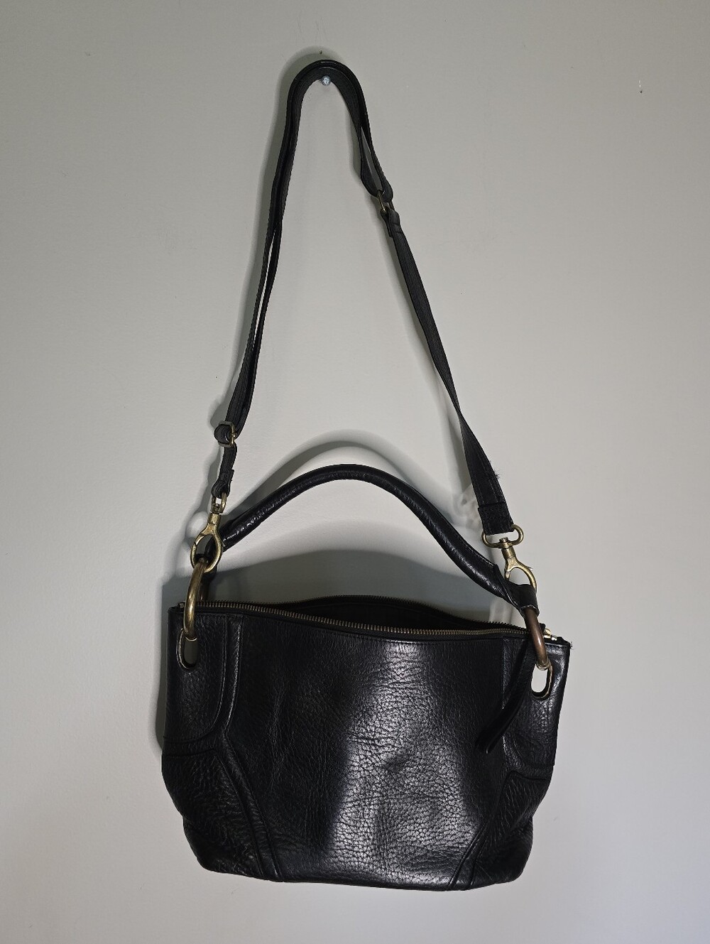 Black Leather Shoulder Bag - Classic Women's Crossbody, Beautiful Brass Hardware
